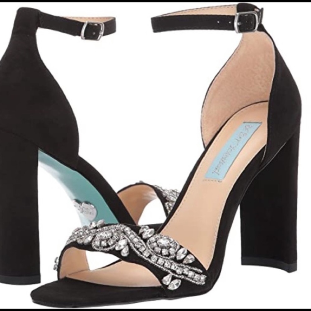 Betsey Johnson Black Jeweled Ankle Strap Block Heel Sandals